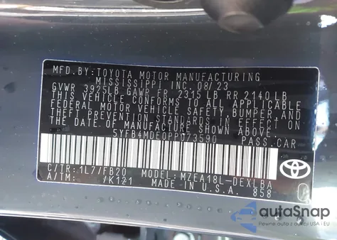 2023 Toyota Corolla Le z USA, uszkodzony, nr VIN 5YFB4MDE0PP073590